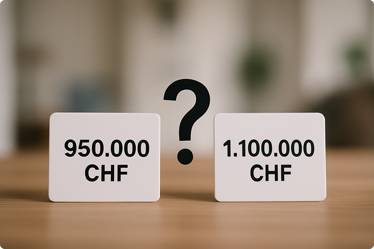 Vergleich von zwei Immobilienbewertungen, 950.000 CHF und 1.100.000 CHF, mit Fragezeichen als Symbol für Unsicherheit.

