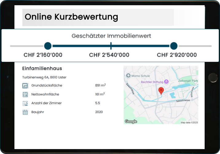 Beispiel einer Online-Kurzbewertung für ein Einfamilienhaus in Uster mit geschätztem Immobilienwert in CHF.