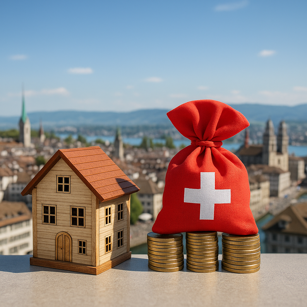 Modellhaus und Geldsack mit Schweizer Kreuz auf Münzen, im Hintergrund die Skyline von Zürich – Symbol für Immobilienpreise in der Schweiz.