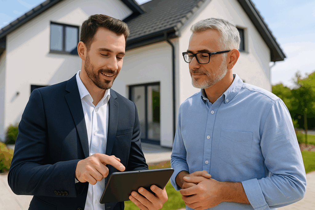 Immobilienmakler erklärt Eigentümer mit Tablet die Bewertung eines Hauses – persönliche Beratung vor Ort.