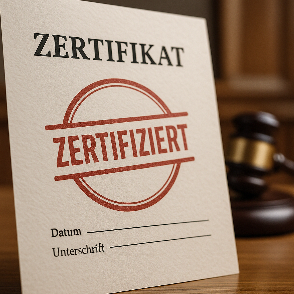 Zertifikat mit rotem Stempel „Zertifiziert“ neben Richterhammer – Symbol für rechtsgültiges Immobiliengutachten.