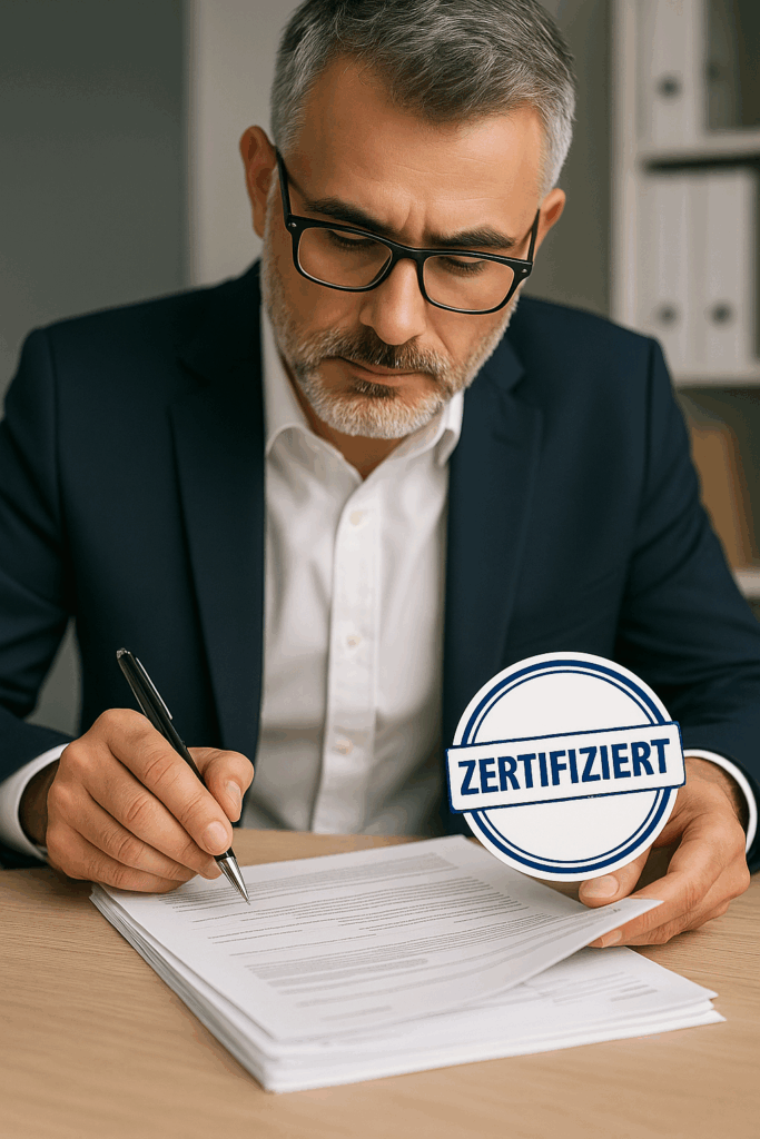 Gutachter prüft Unterlagen mit Zertifiziert-Stempel – Symbol für rechtlich anerkannte Expertengutachten.