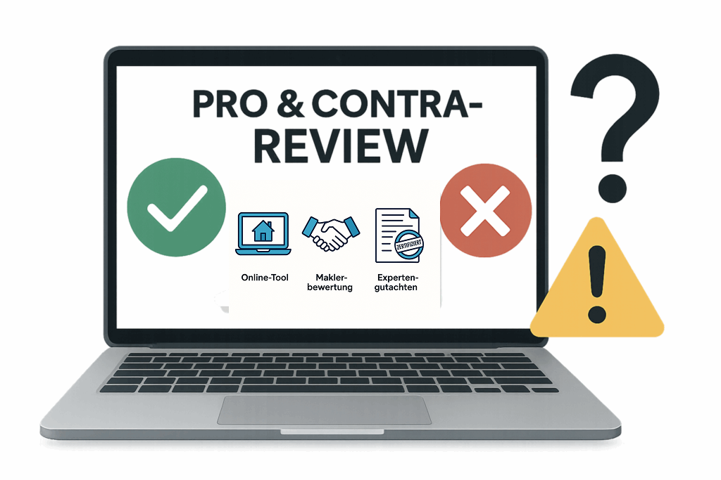 Laptop-Illustration mit Pro- und Contra-Symbolen zu den Bewertungsarten von Immobilien.