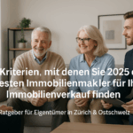 Immobilienberatung mit älterem Ehepaar und zwei Maklern – Titelgrafik zu „5 Kriterien, um 2025 den besten Immobilienmakler zu finden“ für Eigentümer in Zürich und Ostschweiz.
