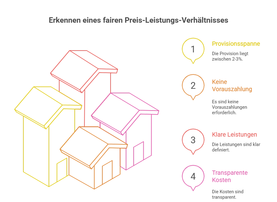 Grafik mit vier Kriterien für ein faires Preis-Leistungs-Verhältnis bei Immobilienmaklern: Provisionsspanne, keine Vorauszahlung, klare Leistungen, transparente Kosten.