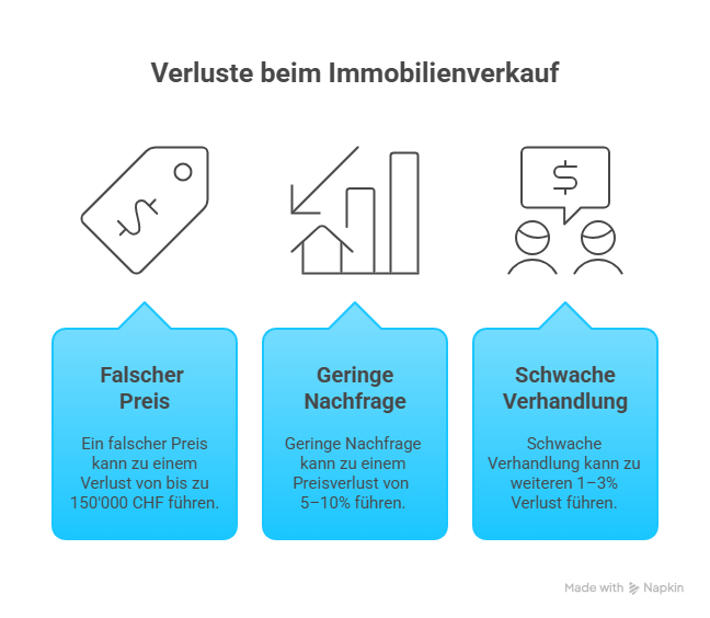 Infografik zu typischen Verlusten beim Immobilienverkauf: falscher Preis, geringe Nachfrage und schwache Verhandlung – Risiken für Eigentümer in Zürich.