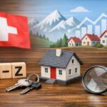 Illustration eine Schweizer Hauses mit Schlüssel, Lupe und A-Z Bausteinen vor Bergkulisse - Symbol für Immobilienbewertung und Marktübersicht in der Schweiz