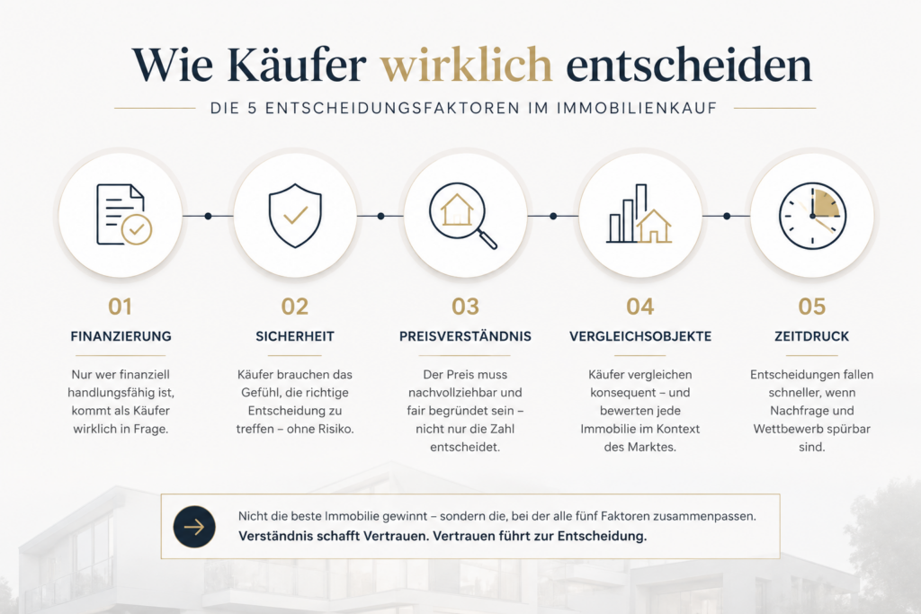 Infografik zum Käuferverhalten beim Immobilienkauf mit fünf Entscheidungsfaktoren: Finanzierung, Sicherheit, Preisverständnis, Vergleichsobjekte und Zeitdruck.