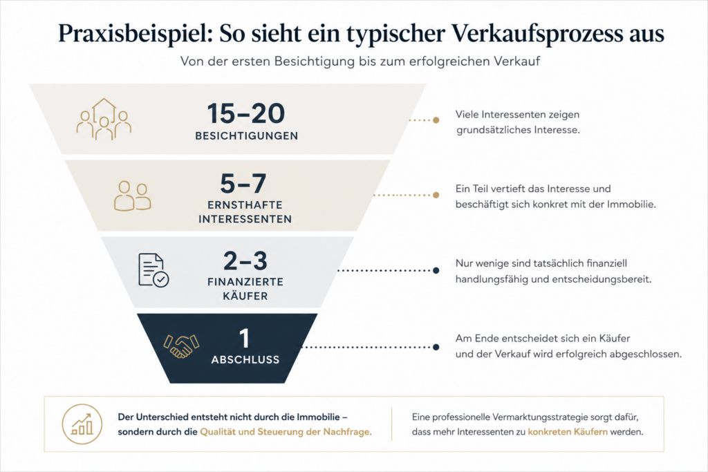 Infografik zum Immobilienverkauf in Zürich: Typischer Verkaufsprozess von Besichtigungen über Interessenten bis zum finanzierten Käufer und Abschluss.