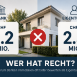 Warum bewerten Banken Immobilien oft tiefer als Eigentümer? Vergleich zwischen Bankbewertung (CHF 2,2 Mio.) und Eigentümerbewertung (CHF 2,5 Mio.) vor einem modernen Einfamilienhaus.