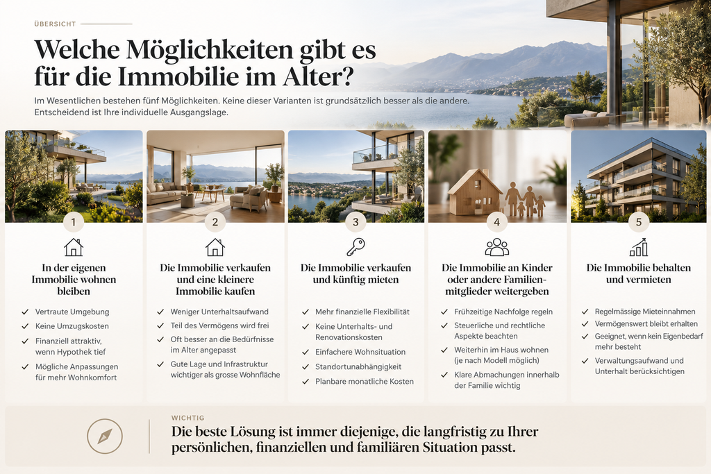 Fünf Möglichkeiten für die Immobilie im Alter: behalten, verkaufen, vermieten oder weitergeben.